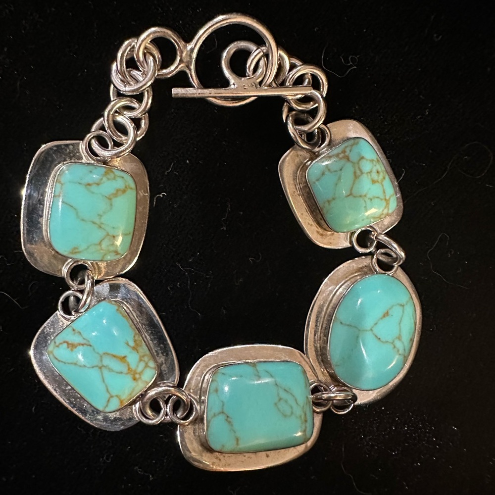 Sterling 925 Silver and Turquoise Mexican Panel Bracelet Size 7